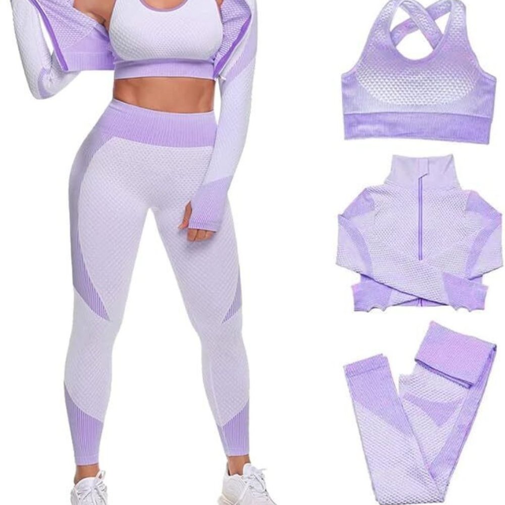 Women 3 PC Yoga Set Zipper Top Sport Suit Bra Workout Clothes Gym Fitness